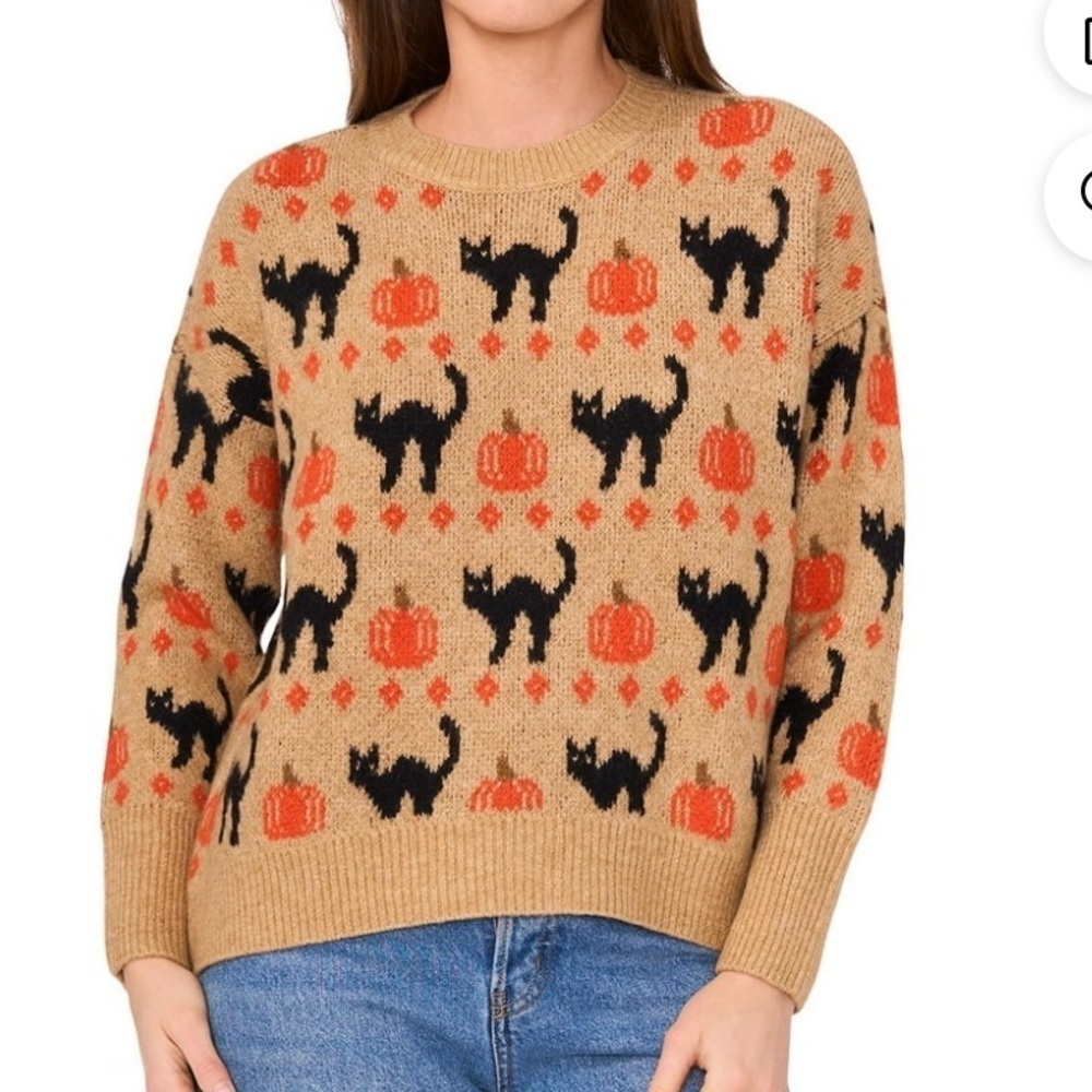 NWT Vince Camuto Pumpkin and Black Cat Autumn Fall Sweater